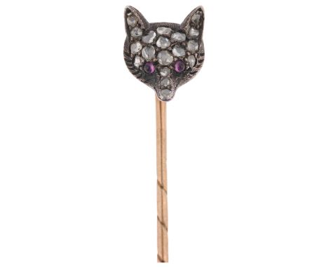 An Antique ruby and diamond fox-head stickpin, circa 1900, pave set with round cabochon ruby eyes and rose-cut diamonds, unma