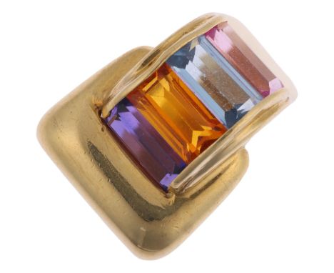 A Continental 18ct gold rainbow gem set tank ring, setting height 15mm, size K, 9.5gAll stones present, general wear to high 