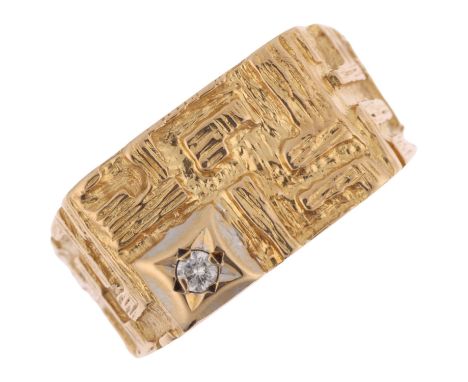 A 1980s 9ct gold diamond signet ring, London 1982, textured bark settings with modern round brilliant-cut diamond, setting he