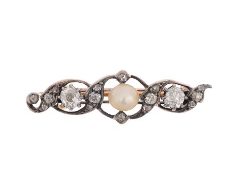 An Art Nouveau pearl and diamond openwork bar brooch, circa 1900, centrally set with 6mm pearl surrounded by old and rose-cut
