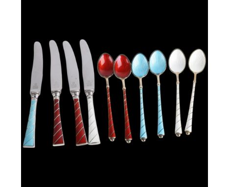 EGON LAURIDSEN - a set of 4 Danish sterling silver and harlequin enamel caviar knives, and a similar set of 6 coffee spoons, 
