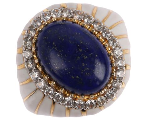 A sterling silver-gilt lapis lazuli cubic zirconia and white enamel dress ring, setting height 19.9mm, size Q, 9.4gNo damage 