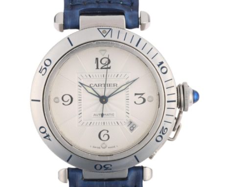 CARTIER - a stainless steel Pasha De Cartier automatic calendar wristwatch, ref. 2379, engine turned silvered dial with quart