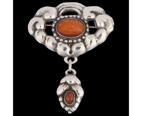 MICHAEL AISIKOVITSCH - an Art Nouveau Danish silver and amber wreath drop brooch, 75mm, 8.8gAll stones present, small amber h