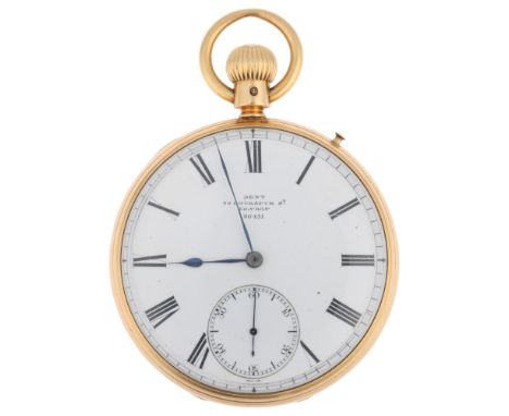 A 19th century 18ct gold open-face keyless pocket watch, by Dent of 33 Cockspur Street London, Watchmaker to the Queen, white