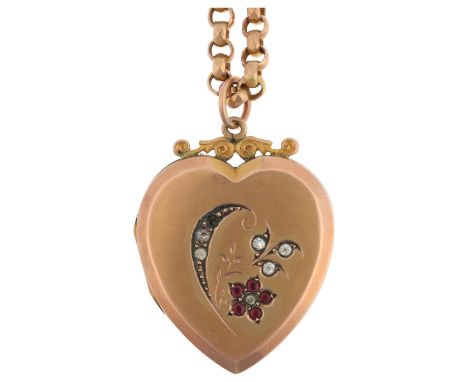 An Antique 9ct back and front heart photo locket pendant, on 9ct gold belcher link chain, pendant 35.9mm, chain 50cm, 9.6g ex