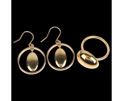 A modern sterling silver-gilt geometric ring and pair of drop earrings set, size R, earrings, 36.6mm, 14.7g total (2)No damag