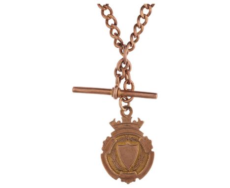 An Antique 9ct rose gold solid curb link Albert chain necklace, with 9ct medal fob, 2 x 9ct dog clips and 9ct T-bar, 36cm, 23