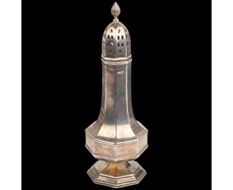 A George VI silver baluster sugar caster, G Bryan & Co, Birmingham 1938, 19cm, 4.2ozGeneral wear to high points with a few li