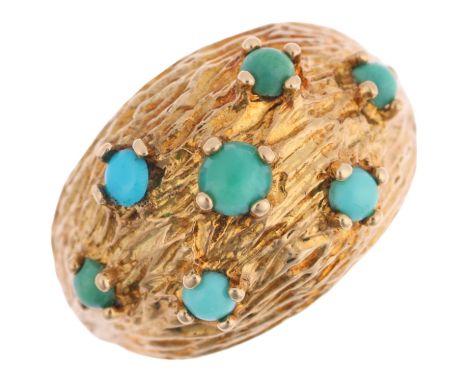 A 1960s modernist 9ct gold turquoise bombe ring, maker CJ Ltd, London 1968, textured bark decoration, setting height 11.7mm, 