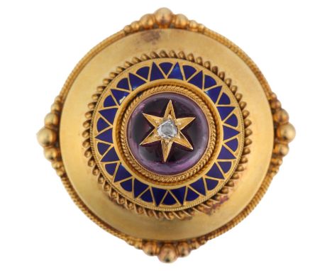 A Victorian Etruscan Revival diamond amethyst and blue enamel bombe memorial brooch, circa 1880, circular form with central s