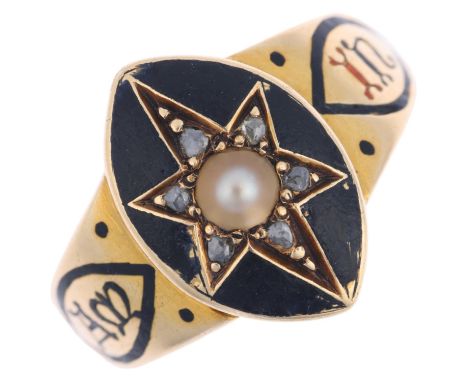 A 19th century 18ct gold split pearl diamond and black enamel 'In Memoriam' mourning ring, maker JW, London 1869, the central