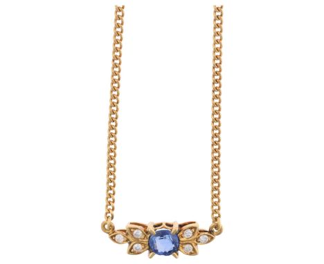 An 18ct gold sapphire and diamond flowerhead pendant necklace, on integral 18ct fine curb link chain, pendant 19.2mm, necklac