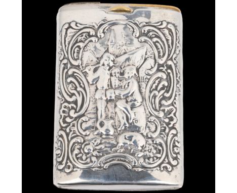 A Continental silver Vesta case, with relief embossed village decoration and sliding action, 6.5cm x 4.5cmHigh points heavily