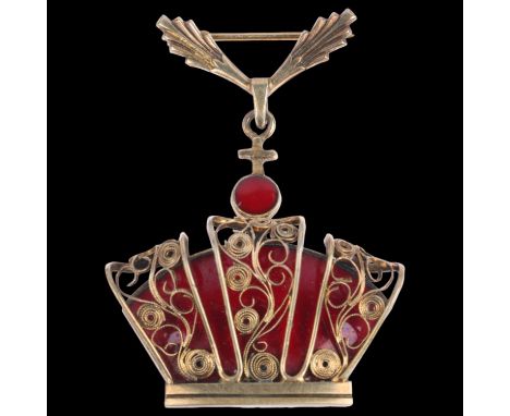 VOLMER BAHNER - a Danish sterling silver-gilt red enamel Kingmark crown drop brooch, 51.2mm, 17.6gNo damage or repair, no ena