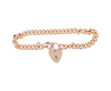 A 9ct rose gold solid curb link chain bracelet, with 9ct heart padlock clasp, maker JH&S, Birmingham 1986, 18cm, 25.2gNo dama