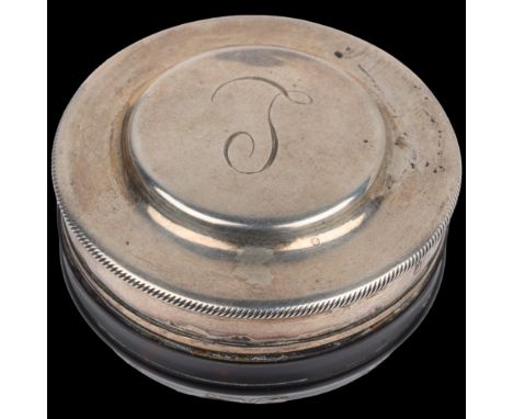 A French silver-mounted tortoiseshell pique inlaid box, Paris 1798 - 1809, circular form with mother-of-pearl disc base, inla