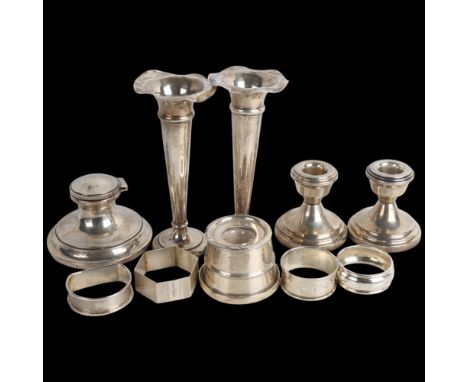 Various silver, including pair of trumpet bud vases, candlesticks, napkin rings, etcLot sold as seen unless specific item(s) 