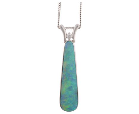 An 18ct white gold Australian boulder opal and diamond pendant necklace, by Leisha Wheeler, the elongated pear-cabochon opal 