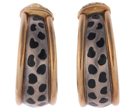 GAY FRERES - a pair of French 18ct gold silver diamond and enamel 'Leopard Spot' hoop clip-on earrings, maker GFF, set with m