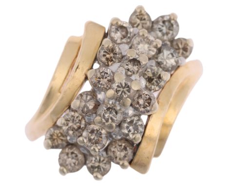 A 14ct gold diamond cluster crossover ring, set with modern round brilliant-cut diamonds, total diamond content approx 1ct, s