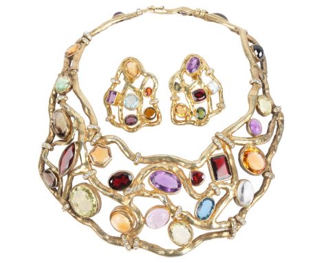 A heavy quality solid silver-gilt gem set collar bib necklace and earring set, by Peter Farrow, London 1999, openwork organic