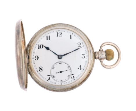 An early 20th century silver full hunter keyless pocket watch, by Pluto, white enamel dial with Arabic numerals, blued steel 