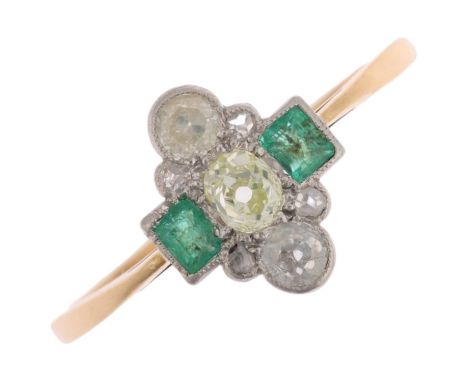 An Art Deco 18ct gold emerald and diamond cluster panel ring, set with rectangular step-cut emeralds and old and rose-cut dia