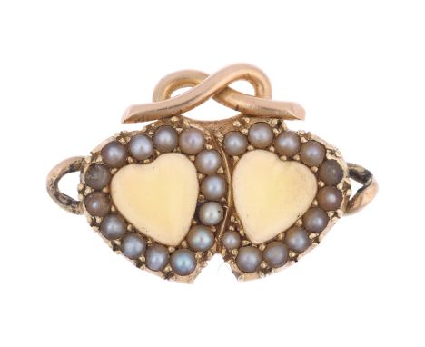 A Victorian chrysoberyl and pearl twin-heart pendant, circa 1890, each set with heart cabochon chrysoberyl within a split pea