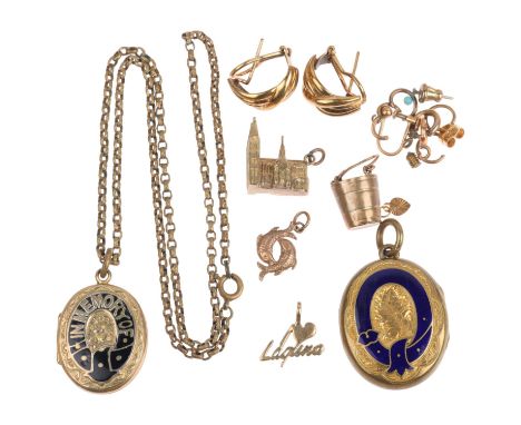 Various jewellery, including 9ct gold, 12.6g weighable, 2 enamel locket pendants, etcLot sold as seen unless specific item(s)