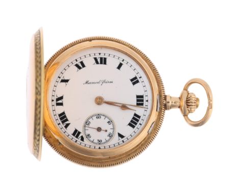 MERMOD FRERES - a Swiss 14ct gold full hunter keyless side-wind fob watch, white enamel dial with hand painted Roman numeral 