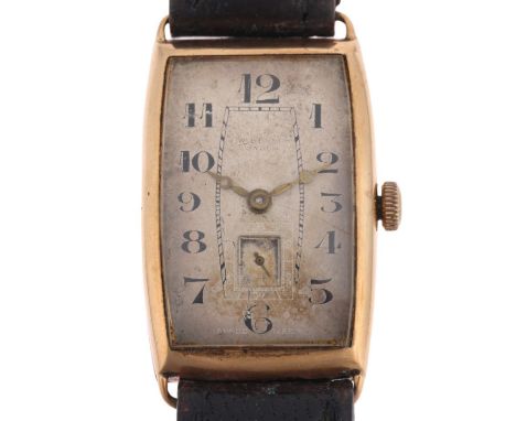 J W BENSON - an Art Deco 9ct gold mechanical wristwatch, circa 1930s, silvered dial with Arabic numerals and subsidiary secon