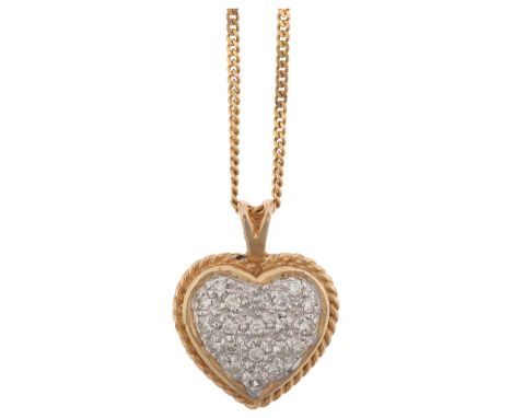 A 9ct gold diamond heart pendant necklace, pave set with modern round brilliant-cut diamonds on 9ct fine curb link chain, pen