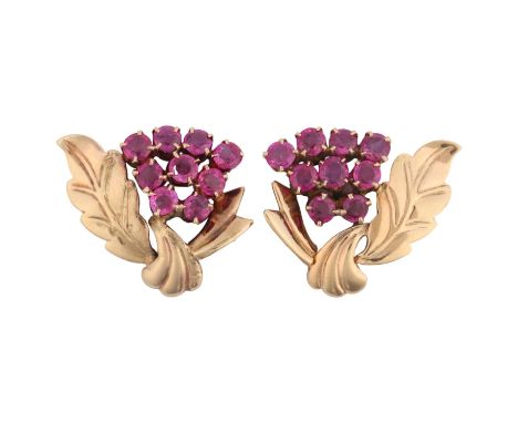 A pair of Vintage 9ct gold ruby floral spray earrings, with stud fittings, 21.6mm, 4.3gNo damage or repair, all stones presen