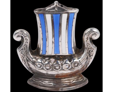 AKSEL HOLMSEN - a Danish sterling silver and enamel Viking Revival 'Viking Ship' hat pin holder, 4cm, 0.2ozNo damage or repai