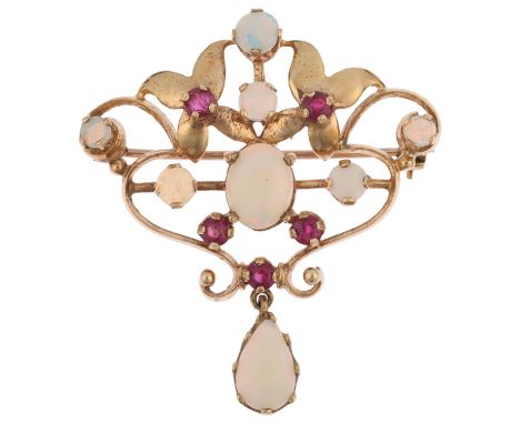 A late 20th century 9ct gold ruby and opal openwork pendant/brooch, maker PSR, London 1976, in the Victorian style, set with 