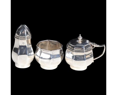 An Art Deco George V silver 3-piece cruet set, Elkington & Co, Birmingham 1923, pepperette 8cm, 4.5oz weighableGeneral wear t