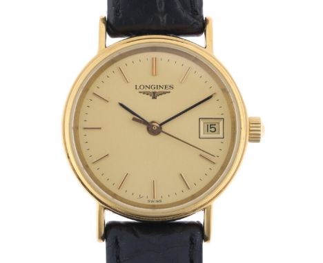 LONGINES - a lady's gold plated stainless steel Presence quartz calendar wristwatch, ref. L4.136.2, champagne dial with appli