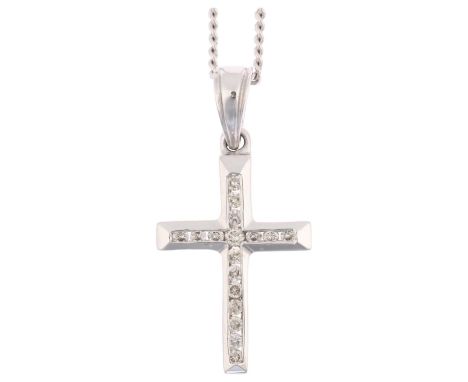 A modern 9ct white gold diamond cross pendant necklace, on 9ct fine curb link chain, total diamond content approx 0.25ct, pen