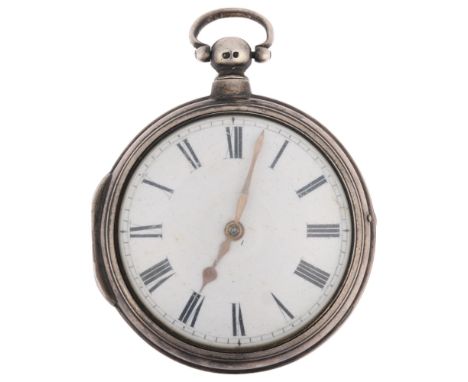 A mid-19th century silver pair-cased open-face key-wind verge pocket watch, white enamel dial with Roman numeral hour markers