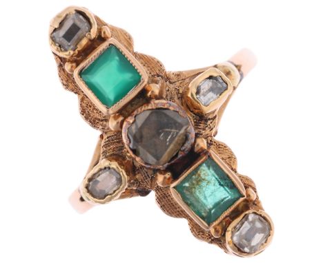 A Victorian emerald and diamond cruciform ring, circa 1840, collet set with table-cut diamonds, apparently unmarked, setting 