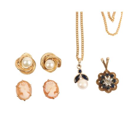 Various 9ct gold jewellery, including sapphire and pearl pendant, cameo earrings, etc, 6.7g grossLot sold as seen unless spec