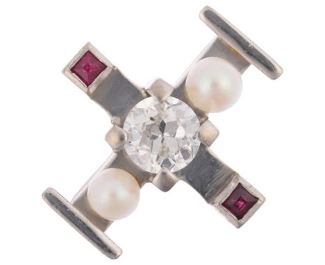 A a Danish modernist 14ct white gold ruby cultured pearl and diamond dress ring, by Jorgen Larsen, set with 0.4ct round brill