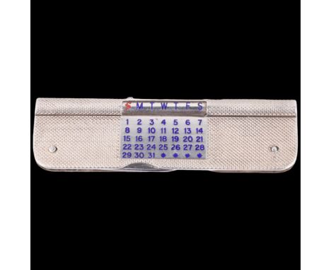 A George VI novelty silver and enamel combination calendar/penknife, E Baker & Son, Birmingham 1950, allover engine turned de