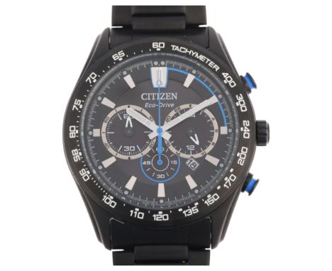 CITIZEN - a black coated stainless steel Eco-Drive quartz chronograph calendar bracelet watch, ref. B620-R013912, black dial 