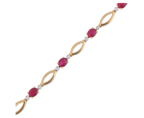 A 9ct gold ruby and diamond line bracelet, 18cm, 8.1gNo damage or repair, all stones present, clasp and safety catch working,
