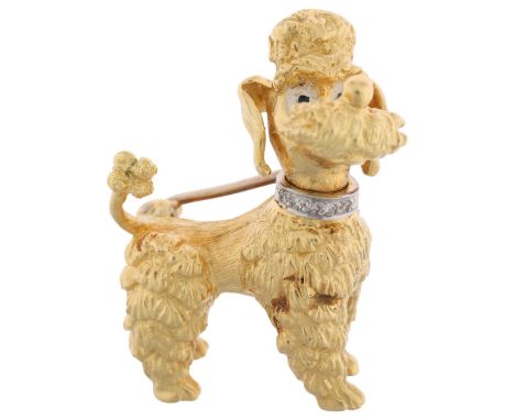 An 18ct gold diamond and enamel Poodle dog brooch, Ben Rosenfeld Ltd, London 1963, realistically modelled with diamond collar