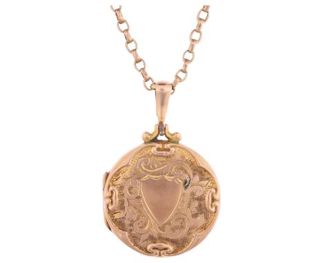 An Antique 9ct back and front photo locket pendant necklace, on 9ct gold belcher link chain, pendant 36.9mm, chain 40cm, 2.4g