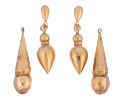A pair of 9ct gold drop earrings, in the Victorian style, with stud fittings, and a pair of 1950s 9ct gold drops, earrings, 3