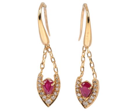 A pair of Italian 18ct gold ruby and diamond marquise drop earrings, set with pear-cut rubies, single-cut diamonds and shephe